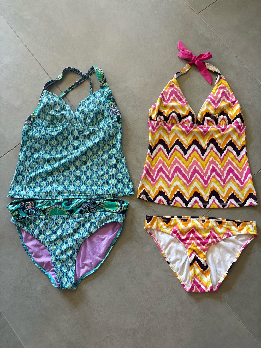 2 Athleta Two-Piece Tankini Sets in Teal and Pink Chevron